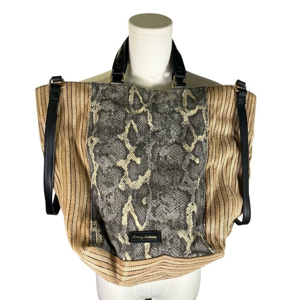 Tommy Bahama Tote Bag Snakeskin Print Shoulder Handbag Straw Canvas Bag